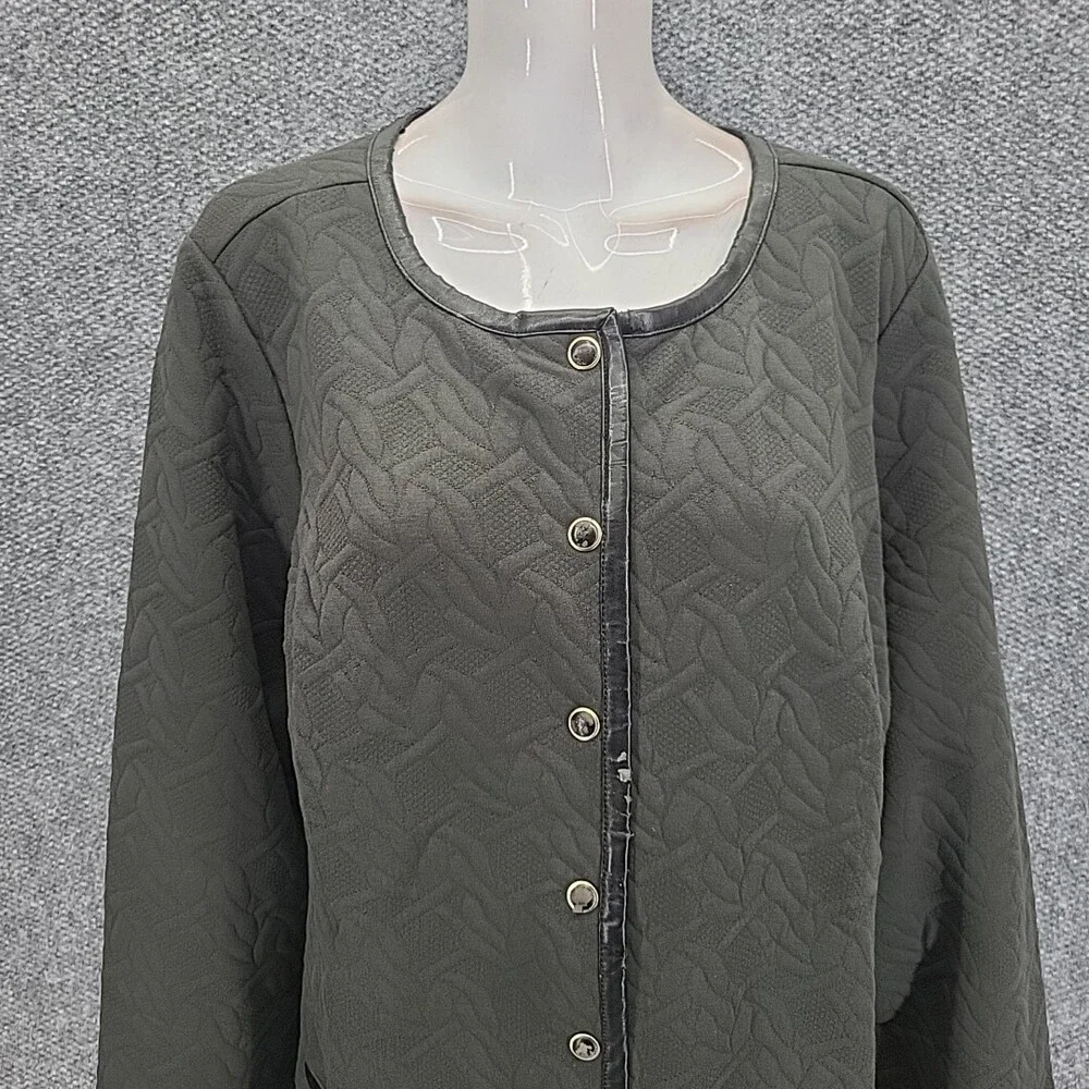 Isaac Mizrahi Live Quilted Knit Jacket Faux Leather Trim 3X Plus Size Graphite